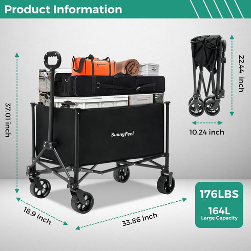 176lbs Camping(Black-5.8 164L) SUNNYFEEL Collapsible Wagon Cart with Wheels Foldable - Standard Borderless Version