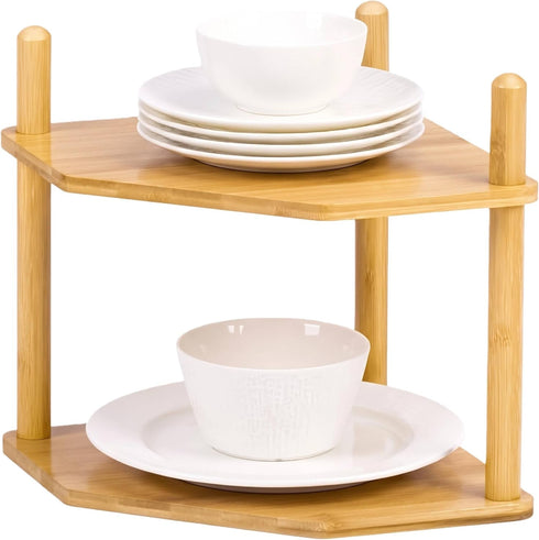 2-Tier Expandable Bamboo Corner Shelf - Dish/Plate Organizer for Cabinet, Kitchen Counter
