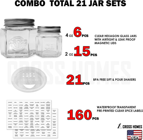 CROSS HOMES Pack 21 Set (6 4 oz 15 2 oz) Magnetic Spice Jars Combo Large + Small Refrigerator Hexagon Glass Spice Jar