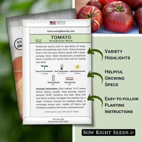 (1) Sow Right Seeds - Brandywine Black Tomato Seeds for Planting - Slicer Beefsteak with Dark Purple Color - Non-GMO