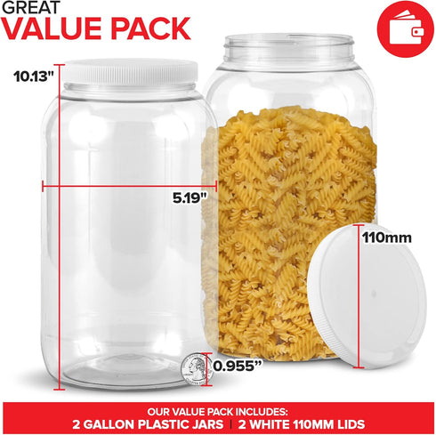 Stock Your Home 1 Gallon Clear Plastic Jars with Lids (2 Pack) 128 oz Wide Mouth Large Jar with Lid, Big Container for Candy, Cookies, Arts & Crafts, Bartender Money Tips, Kitchen & Pantry Storage