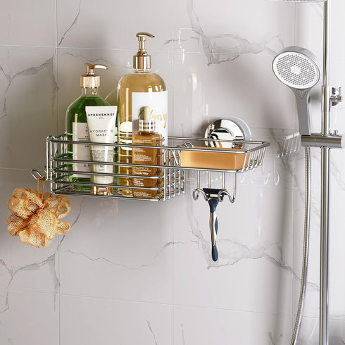 LEVERLOC Shower Caddy Suction Cup, Organizer with Hooks & Soap holder for