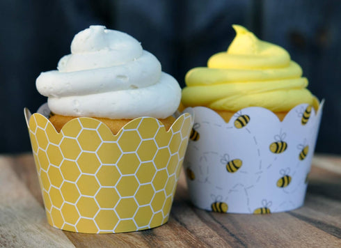 Honey Bee Cupcake Wrappers, Set of 24 Scalloped Cup Cake Holder Wraps for Parties, Yellow Black