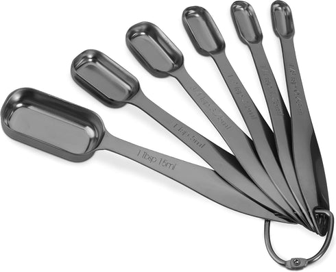 Accurate 18/8 Stainless Steel Measuring Spoons, Heavy Duty Set of 6 with Ring Connector, Dark Grey