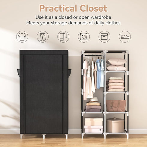 ROJASOP Portable Closet Wardrobe for Hanging Clothes, 6 Storage Shelves, 1 Hanging Rod, Free Standing Organizer