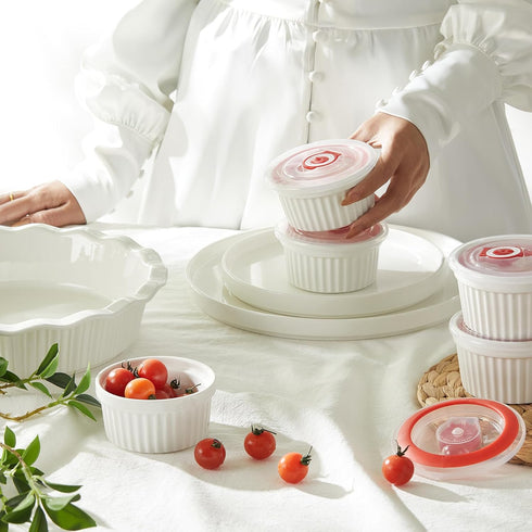 Sweese 6-Pack 8 oz Porcelain Ramekins with Lids, White Souffle Dishes for Baking, Oven-Friendly Pudding Bowls