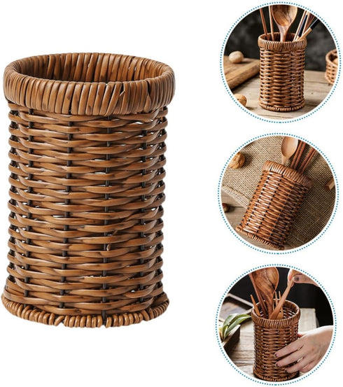 Rattan Silverware Utensil Holder - Imitation Rattan Drying Rack, Wicker Cup, Flatware Storage Basket