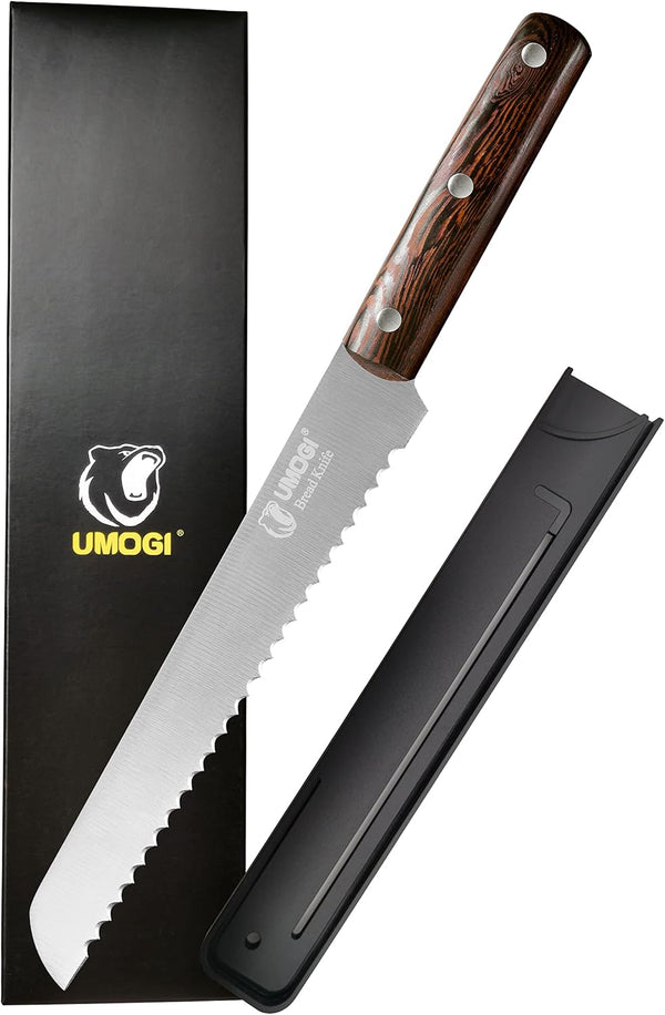 Bread Knife 8 Inch with Sheath, German High Carbon Stainless Steel, Ergonomic Grip Full Tang Wood Handle