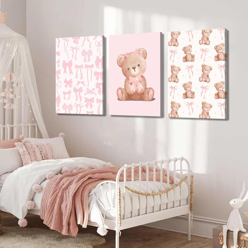 3Pcs Pink Teddy Bear Canvas Wall Art Coquette Bow Wall Decor Pictures Cute Animal Nursery Posters Prints for Baby Girls