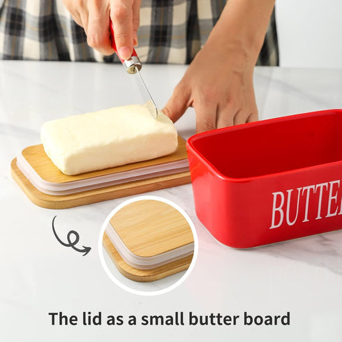 Hasense Large Butter Dish with Lid and Knife, Airtight Butter Keeper Container for Countertop, Red