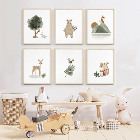 Joocrise Set 6 8x10 Inch Woodland Nursery Wall Art Decor of Animal Canvas Wall Decor Pictures Baby Room Neutral Wall