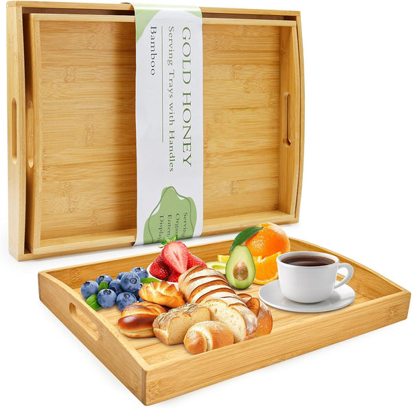 GOLD HONEY Bamboo Serving Tray with Handles Set of 2 - Decorative