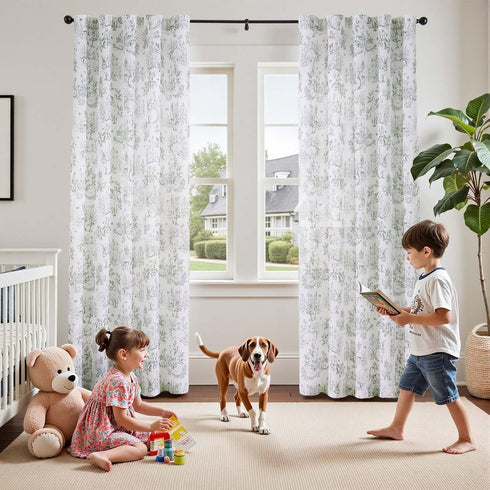 jinchan 90 inch Country Set 2 Linen Nursery Curtains Long Woodland Wildlife Sage Green Print Drapes for Kid's Room