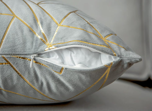 YONGLIU Pack of 2 Velvet Cushion Cases, Decorative Gold Foil Geometric Pattern Throw Pillow Covers (Gray and Gold)