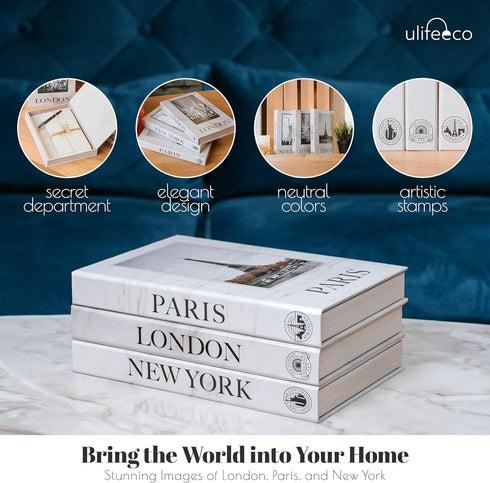 ULIFEECO Set 3 Fake Books for Decoration - of Decorative Books for Home Decor (London/Paris/New York), Faux Books