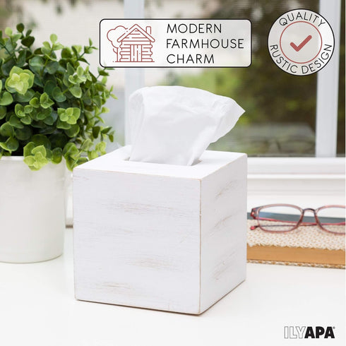 Ilyapa Square Wood Tissue Box Cover - Rustic Farmhouse White Wooden Tissue Holder