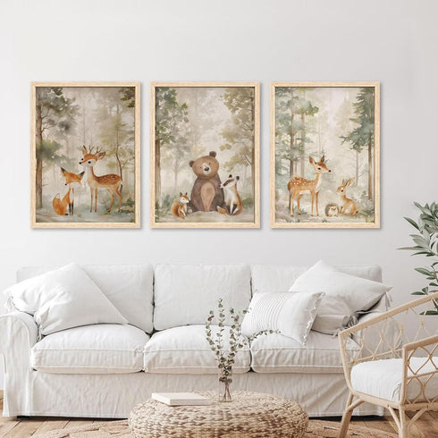 ICHZUMW Set 3, 12x16in Woodland Nursery Decor Wall Art of Cute Forest Friend Animal Canvas Prints Bear Fox Deer