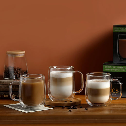 15.2oz,Clear Beverages,set 4 CNGLASS Large Double Wall Glass Coffee Mug Insulated Glass Espresso Cup with Big