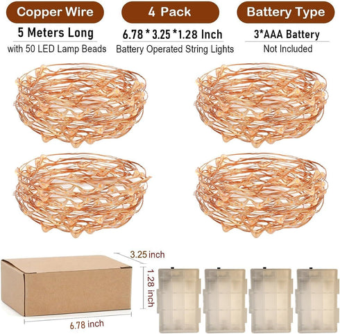 16 50 4 Pack RUICHEN Ft Copper Wire LED Mini Fairy String Lights Battery Operated for Bedroom, Christmas, Parties