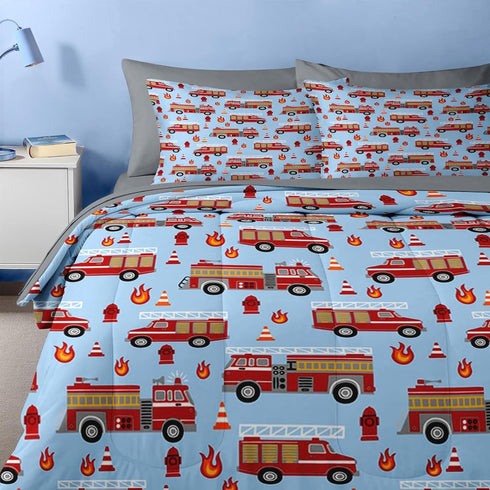 5 Set Nesker Pcs Comforter Twin Size, Red Fire Engine Bedding for Kids Teen, Fire-Fighting Trucks Vehicle Bed Sheet