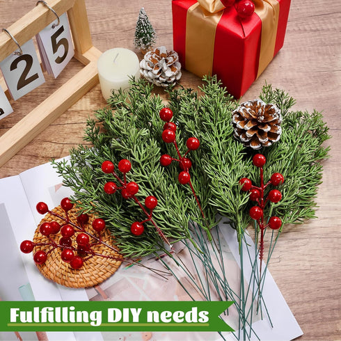 ComfyKit 45Pcs Artificial Pine Branches with Red Berry Stems,Christmas Faux Green Cedar Sprigs Branches,Fake Greenery