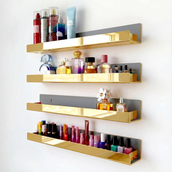 4 Pack 15 Inch Gold Reflective Acrylic Shelves, Gold Foating Shelves, Modern
