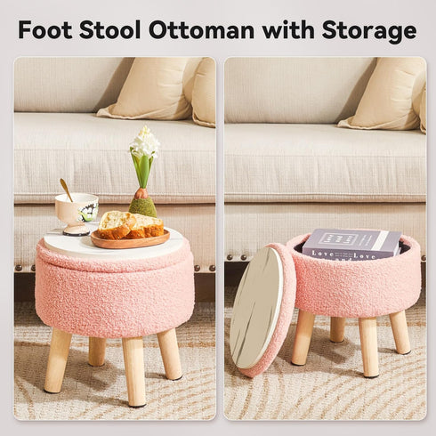 13 Inch WBD006P IBUYKE Foot Stool Ottoman with Storage, Round Small Foot Rest with Padded Seat and Wood Legs, Teddy