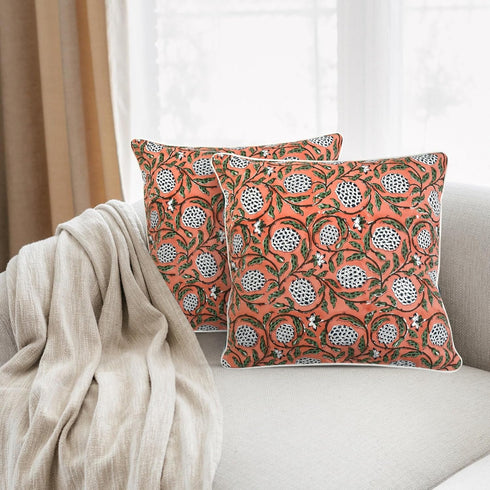 Ridhi Dark Salmon Pink Block Print Cotton Canvas Throw Pillow Covers for Decorative Couch Pillows, 18x18 Inches