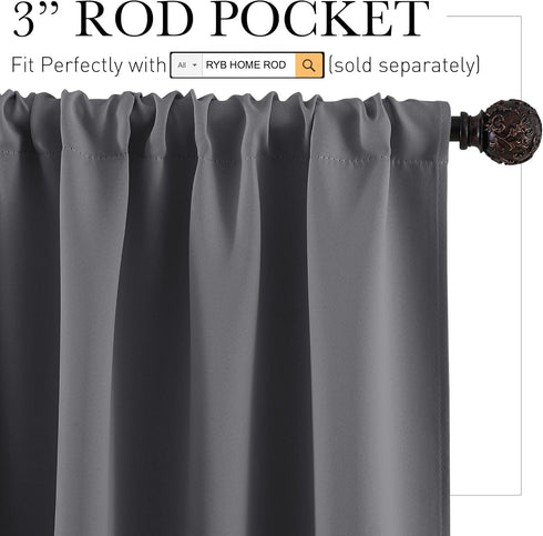 RYB HOME Short Blackout Curtains for Kitchen, Solid Half Window Treatment for Bedroom Energy Saving Privacy Shade for RV Camper Bathroom Basement, W42 x L30 inches, Grey, 2 Panel Set by RYB HOME