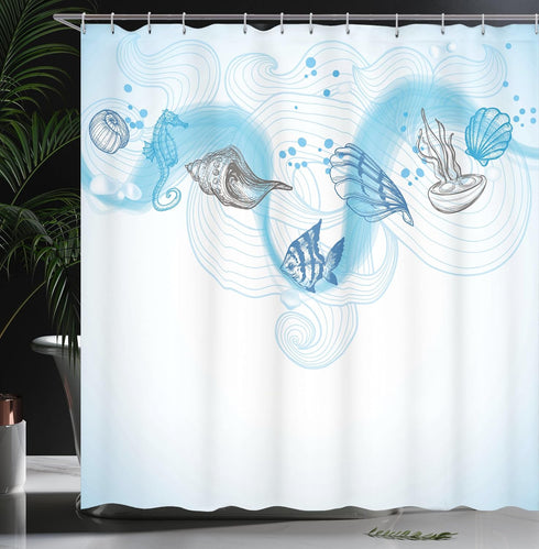Ambesonne Nautical Shower Curtain - Marine Theme Seashells, Ocean Waves, Fishes, Seahorse, 69" W x 70" L, Grey Blue