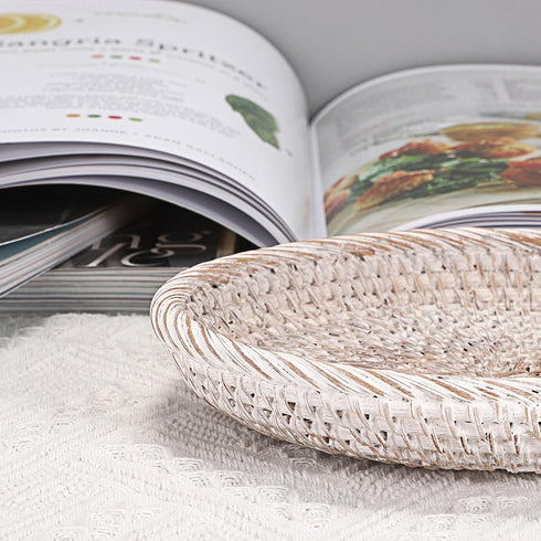 Hipiwe Small Key Basket Bowl for Entryway, 7.6" Round Woven Wicker Basket, Whitewash