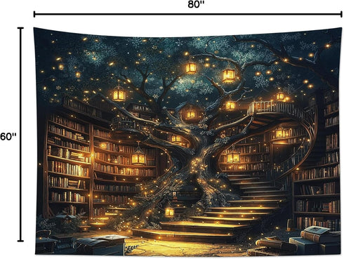 60L 80W Inches HVEST Fantasy Library Bookshelf Tapestry for Classroom Fairytale Tree Magic Bookshelf Wall Decor Retro