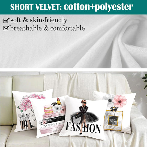 Set of 4 Pink Throw Pillow Covers 18x18 – Cute Decorative Pillow Covers with Pink Flower, Gold Perfume, Lipstick, Soft