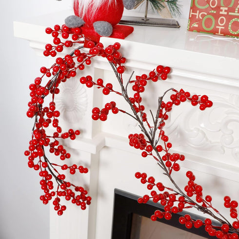 8.9FT (1) Lulu Home Red Berry Garland, Flexible Artificial Christmas Holly Berry Vine, Winter Berry Garland for Mantle