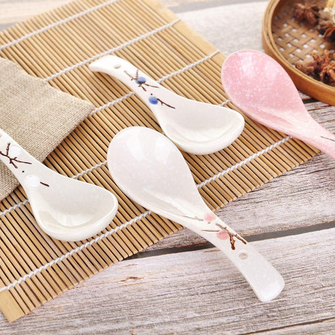 VanEnjoy Set of 4 Chinese/Japanese Ceramic Soup Spoons, Pink Cherry Blossom in Snow Pattern