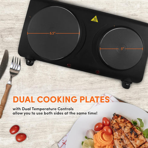 Elite Gourmet EDB-302BF Black Countertop Double Cast Iron Burner, 1500 Watts, Easy to Clean