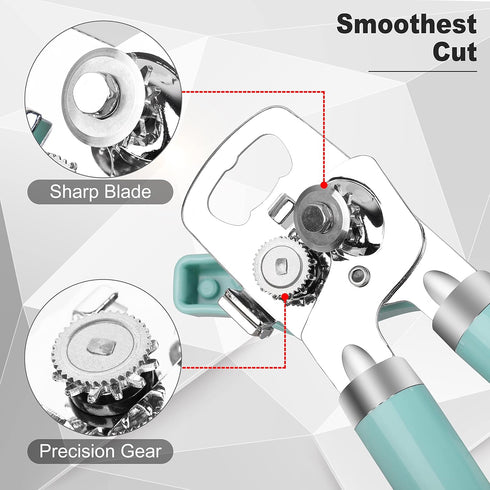 Manual Can Opener: Heavy Duty Stainless Steel Safe Cut with Magnetic Lifter, Smooth Edge, Easy Big Turn Knob, Aqua Sky