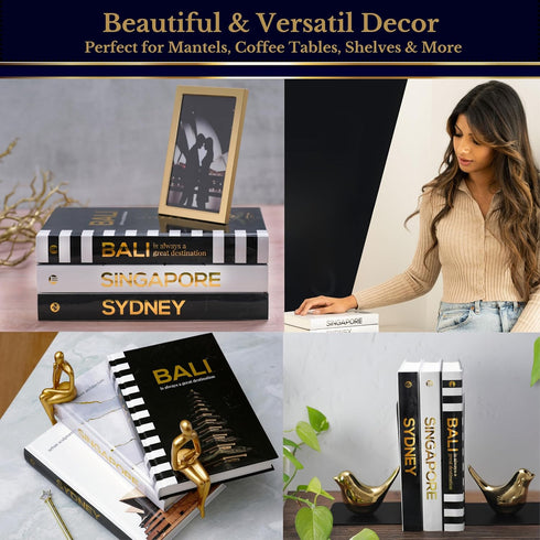 Set 3 Decorative Books for Home Decor - Black and Gold Foiled Decor Books for Coffee Table - Decorative Hardcover