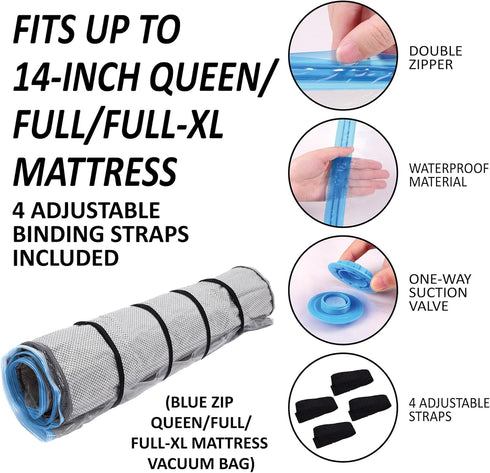 Queen/Full/Full-XL Foam Mattress Vacuum Bag with Blue Zipper, Mattress Storage Bag