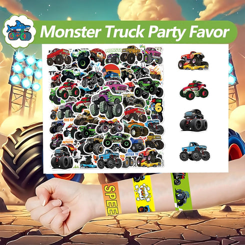 CZWXOXO 122PCS Set, Monster Truck Party Favors Jam Birthday Decorations Including Theme Slap Bracelets, Keychains, Gift