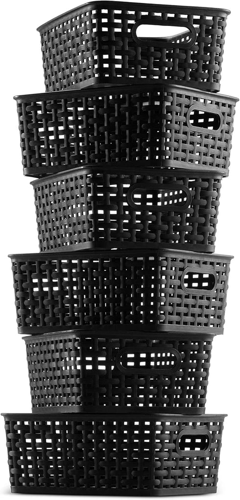 Set of 6 Small Plastic Storage Baskets - Household Organizer Basket Bins with Cutout Handles