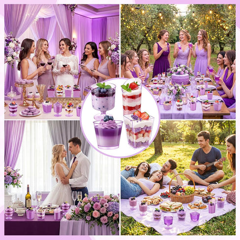 Funnymoom 300 Pack 5oz 3oz Clear Purple Mini Dessert Cups with Spoons Plastic Square Slanted Parfait Appetizer Shooter