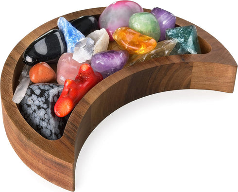 Curawood Crescent Moon Tray, 6"x3" Wooden Crystal Display Tray for Gems, Healing Stones & Treasures, Walnut