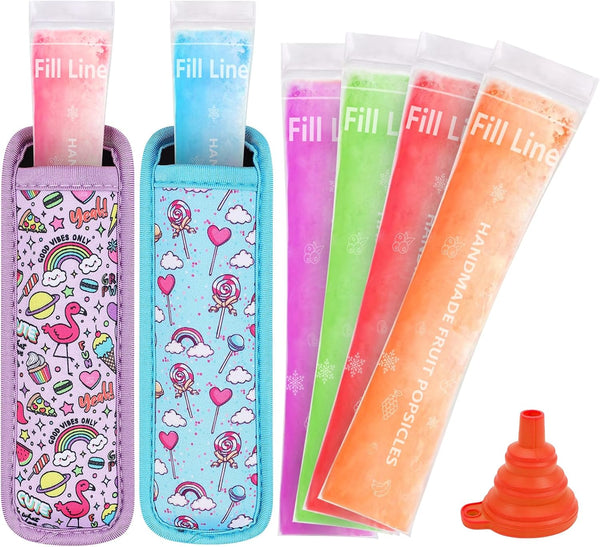 Amintiri 50 Disposable Ice Popsicle Mold Bag 2 Popsicle Holder, Freezer Tubes with