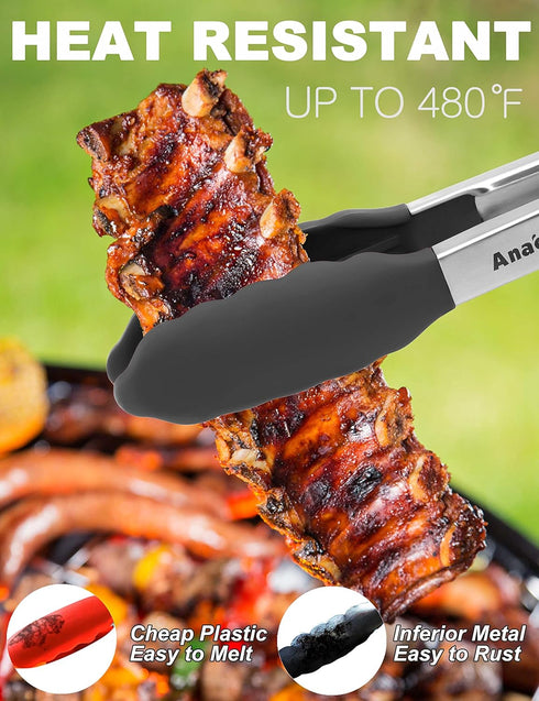 Anaeat Non-Stick Silicone Locking Tong - 7" Mini Kitchen Food Tongs with Non-Slip Silicone Tips for Cooking, BBQ (Black)