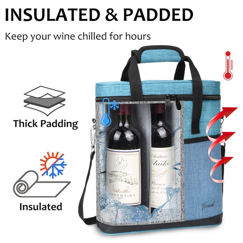 Tirrinia Insulated Wine Gift Carrier - 3 Bottle Travel Padded Cooler Tote Bag with Handle, Blue