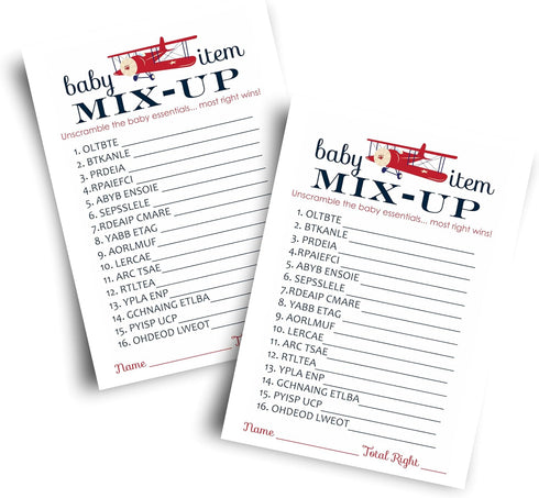 Airplane Baby Shower Games for Boys, Word Scramble Activity, 25 Cards, Adventure Theme in Red and Blue
