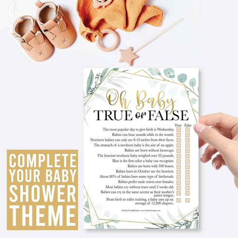 Hadley Designs Baby Shower Games Set, 25 Double-Sided Cards for 25 Guests, Word Scramble & True or False (Greenery)