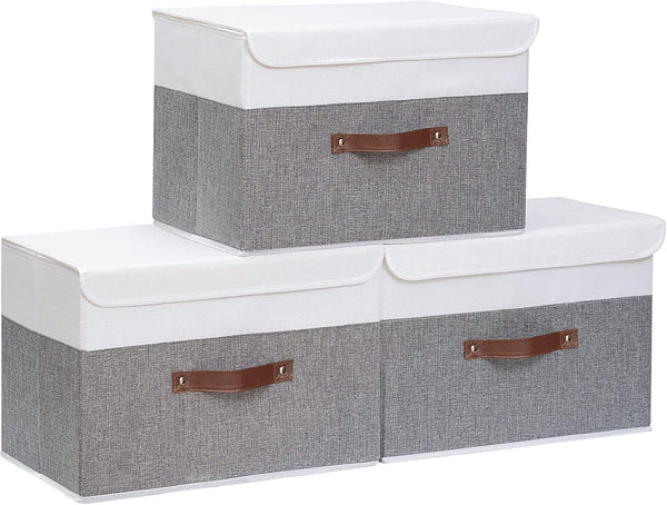 Yawinhe 43 Quart Storage Bins with Lids - Washable Storage Cube Baskets Container Organizers, 3-Pack, White/Grey