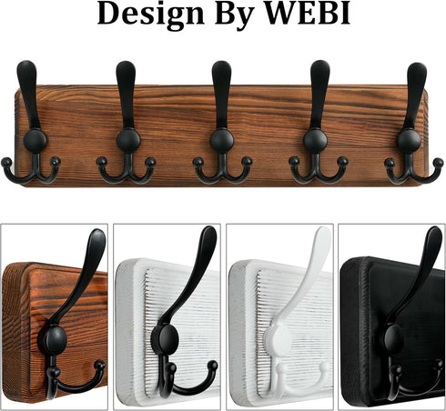 WEBI Rustic Coat Rack Wall Mount, Solid Wood Coat Hooks, 16" Hole to Hole, 5 Triple Hooks for Hanging Coats